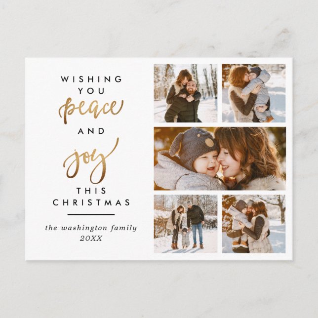 Carte Postale Script or moderne Paix et joie Noël 5 Photo (Devant)