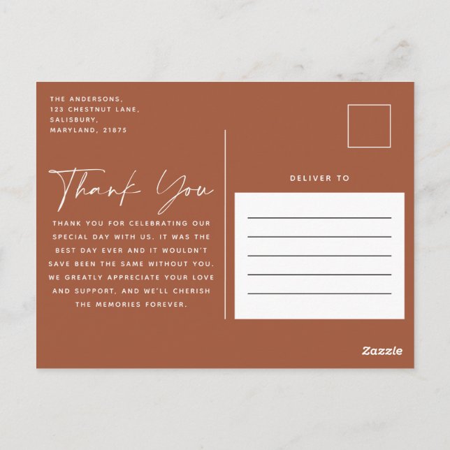 Carte Postale Script photo mariage merci terracotta (Dos)