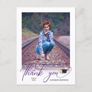 Carte Postale Script violet moderne PhotoGraduation Merci