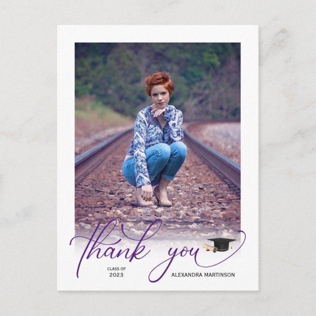 Carte Postale Script violet moderne PhotoGraduation Merci (Devant)