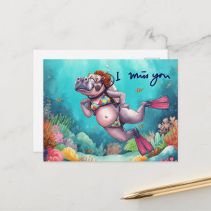 Carte Postale Scuba Hippo sous l'eau Tu me manques 