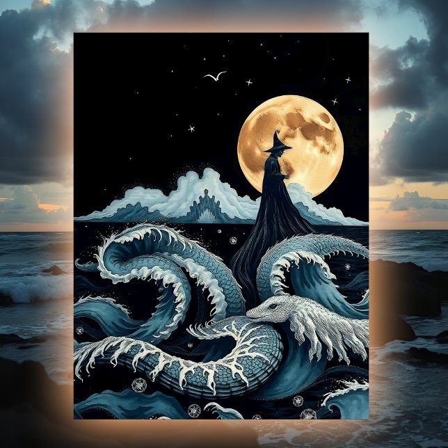 Carte Postale Sea Witch Mystical Ocean Waves Pleine lune & Serpe (Sea Witch art postcard: A mysterious figure rises from the waves where a sea serpent dwells.)