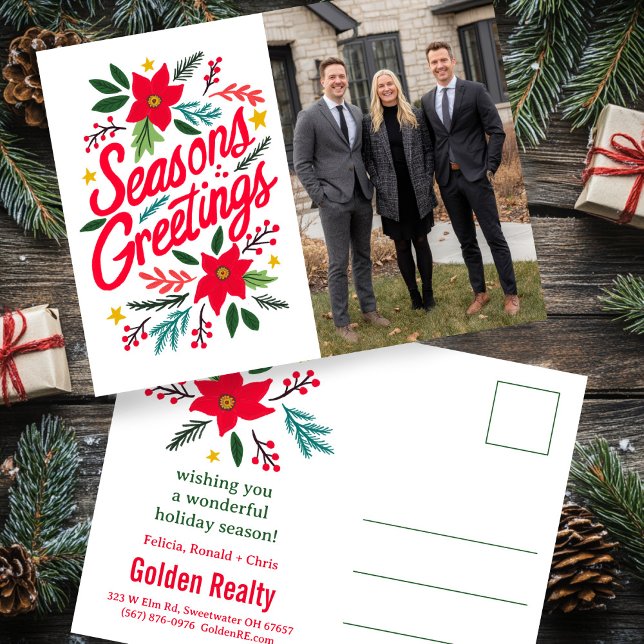 Carte Postale SEASONS GREETINGS Business Christmas CUSTOM PHOTO (SEASONS GREETINGS Business Christmas Hand-drawn Floral CUSTOM PHOTO Postcard
)