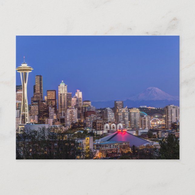 Carte Postale Seattle, centre-ville et mont Rainier au crépuscul (Devant)