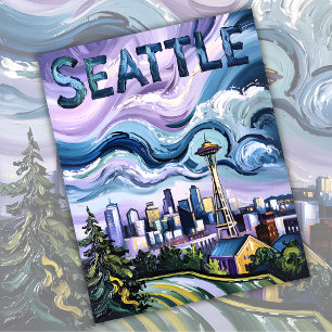 Carte Postale Seattle Skyline Van Gogh Style Art Vintage voyage