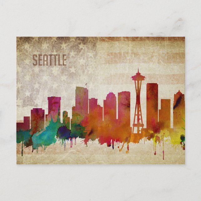 Carte Postale Seattle, WA | Aquarelle Ville Skyline (Devant)
