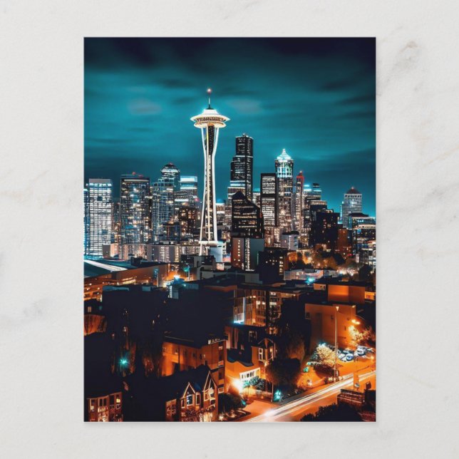 Carte Postale Seattle Washington City Skyline la nuit (Devant)