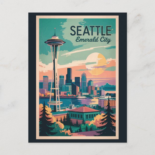 Carte Postale Seattle Washington Skyline Voyage Art Rétro (Devant)