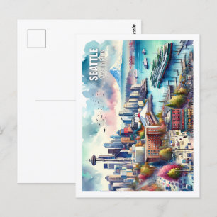Carte Postale Seattle Washington USA Famous Place aquarelle