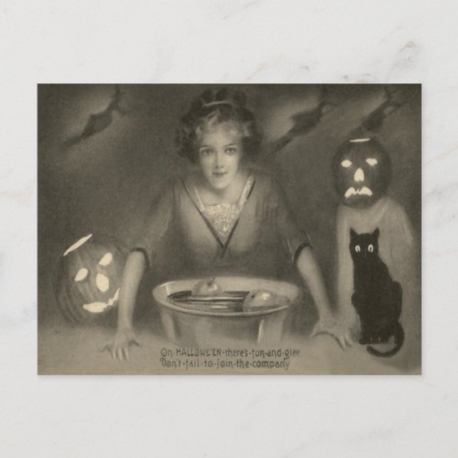 Carte Postale Sepia Bobine Pour Pommes Citrouille Chat Noir (Devant)