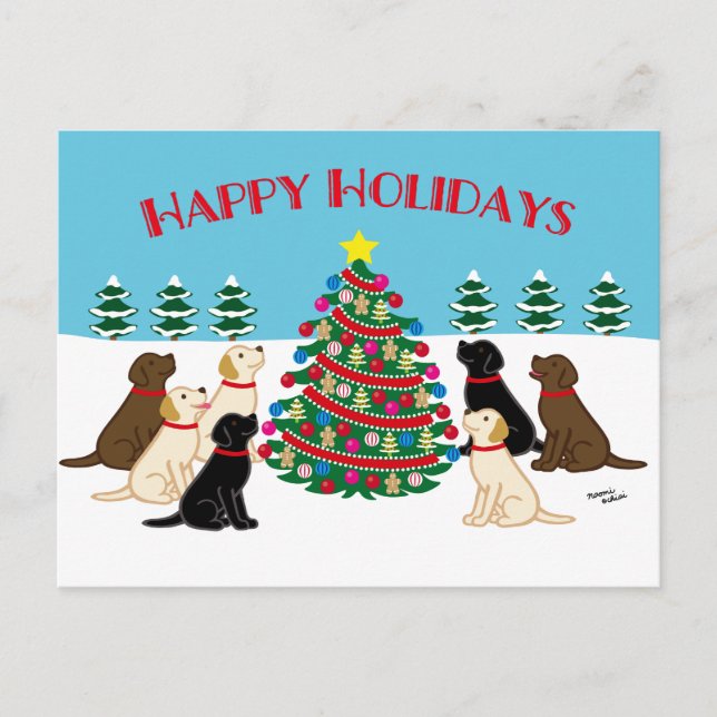 Carte Postale Sept Labradors et Arbre de Noël (Devant)