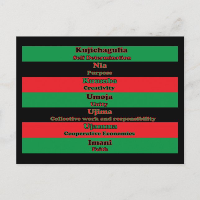 Carte Postale Sept principes de Kwanzaa noir rouge vert (Devant)