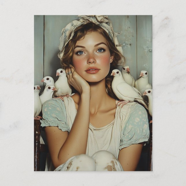 Carte Postale Serene Farm Maiden White Doves - Symbole de paix (Devant)