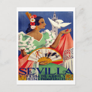 Carte Postale Séville, Espagne, femme avec pigeon blanc, vintage