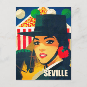 Carte Postale Séville, Espagne, fille espagnole avec chapeau noi