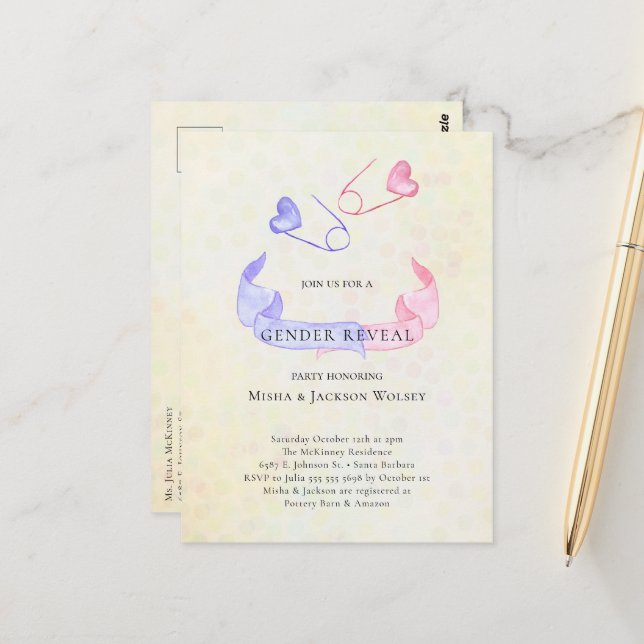 Carte Postale Sexe Révéler rose bleu épine Baby shower Invitatio (Devant/Arrière en situation)