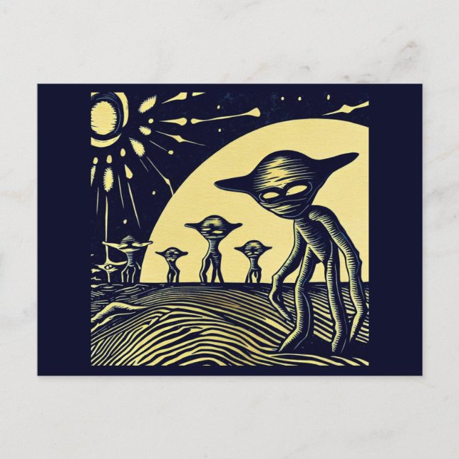 Carte Postale SF - Aliens sur une planète étrange coupe de bois  (Devant)