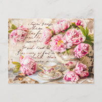 Shabby chic peonies with Tea Cup and Vintage Touc
