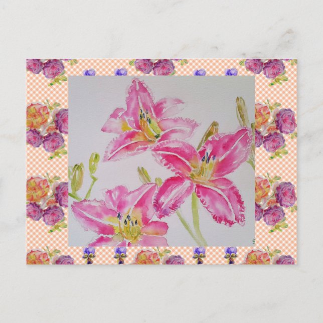 Carte Postale Shabby Chic rose Fleurs Florales de Lys Gingham Ro (Devant)