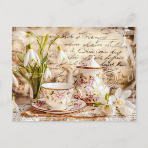 Carte Postale shabby chic snowdrops et teacups en style vintage
