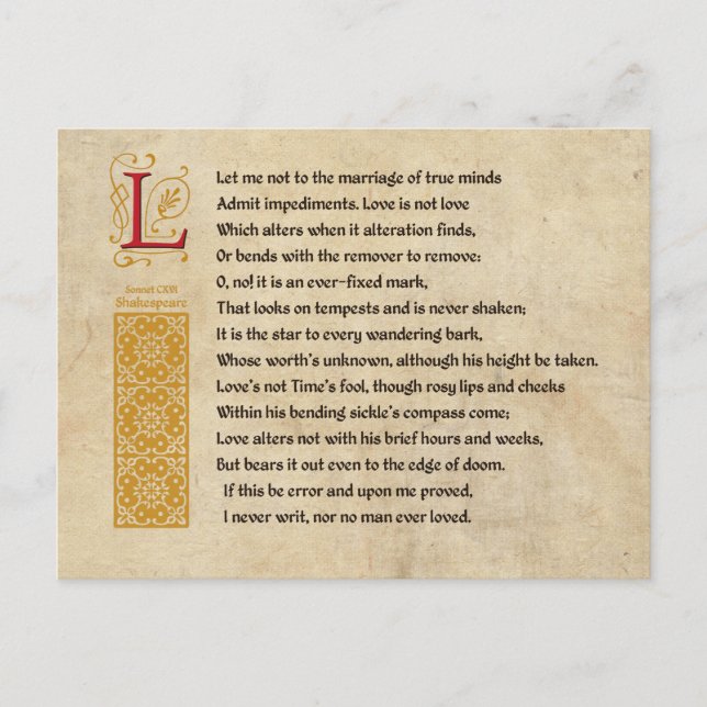 Carte Postale Shakespeare Sonnet 116 (CXVI) sur Parchemin (Devant)