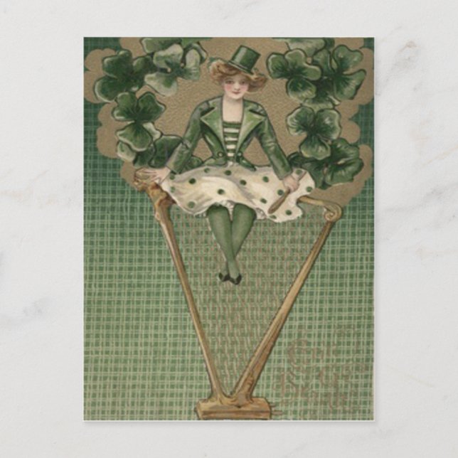 Carte Postale Shamrock de harpe féminine victorienne - Chapeau v (Devant)