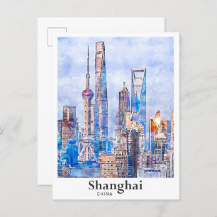 Carte Postale Shanghai Chine Aquarelle Sketch Dessin Main
