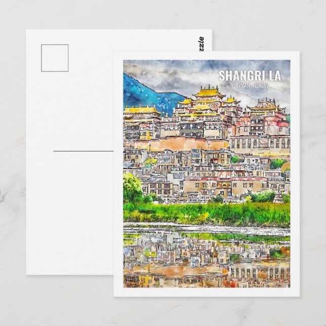 Carte Postale Shangri La Yunnan Chine célèbre Aquarelle de voyag (Devant / Derrière)