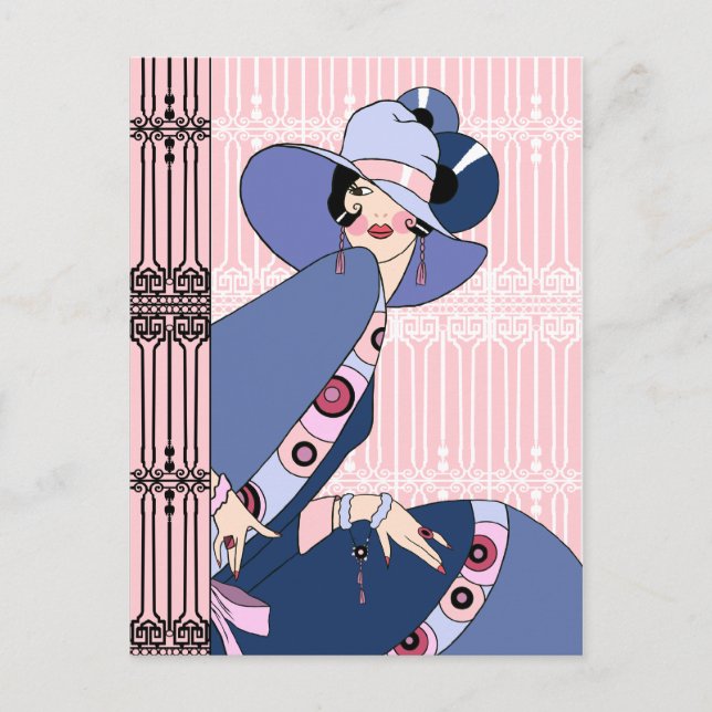 Carte Postale Shelby, Dame des années 1930 en rose et bleu (Devant)