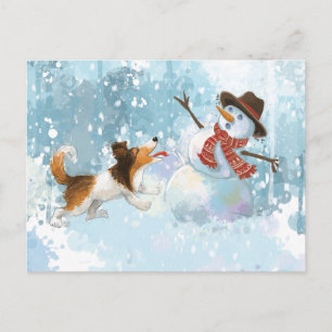 Carte Postale Sheldon le Sheltie et le Bonhomme de Neige