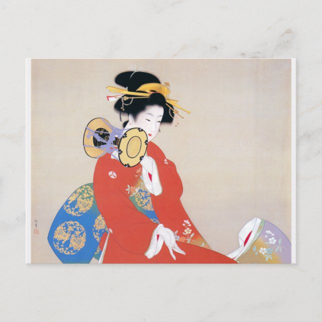 Carte Postale Shoen Uemura 上村松園 着物 女性 太鼓 楽器演奏 芸者 日本画 美人画 浮世絵 赤 青 (Devant)