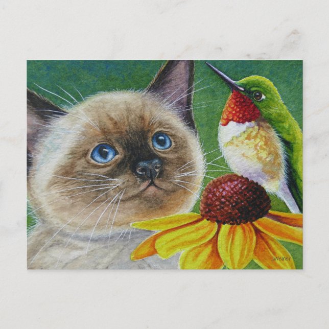 Carte Postale Siamese Kitten & Hummingbird Aquarelle Art (Devant)