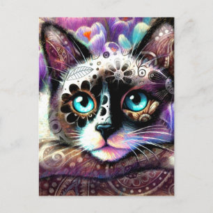 Carte Postale Siamese Kitty Chat Crocus Floral Violet Turquoise