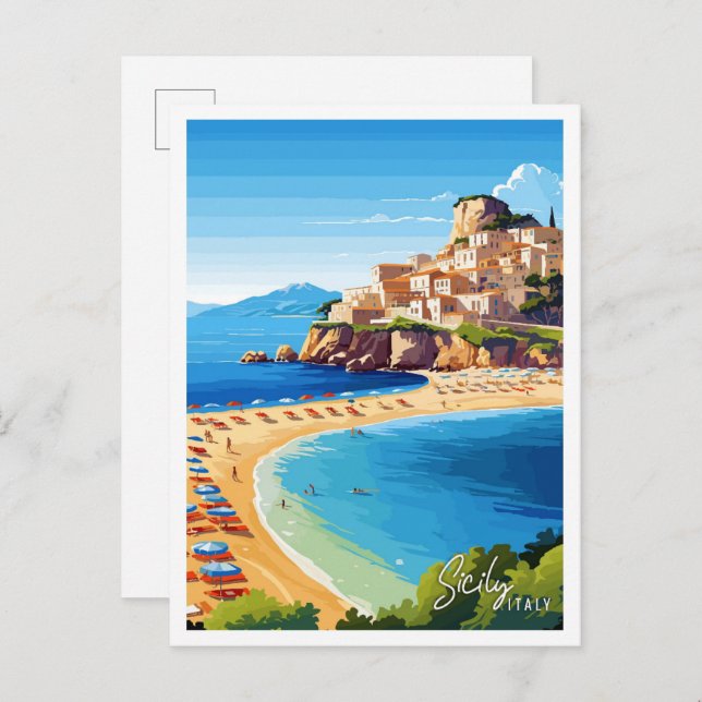 Carte Postale Sicile Italie Art vieux voyage illustration (Devant / Derrière)