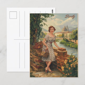 Carte Postale Sicile vintage dame italienne dans le pays les ann