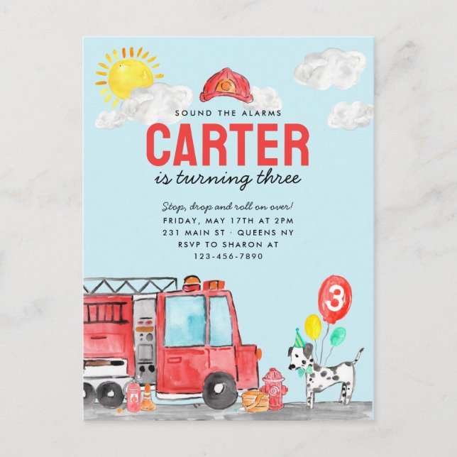 Carte Postale Signaler l'alarme Camion pompier Anniversaire (Devant)