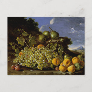 Carte Postale Silence with Plate of grapes, Peaches, Pears