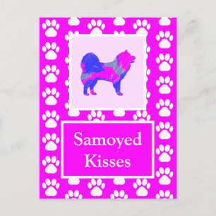 Carte Postale Silhouette Baisers Samoyés en rose et bleu mou