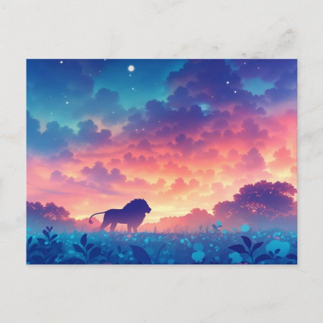 Carte Postale Silhouette de Lion au Coucher de Soleil Forêt Indi (Devant)