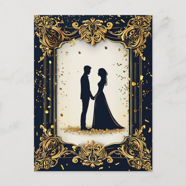 Carte Postale Silhouette de mariage élégante avec cadre doré orn (Devant)