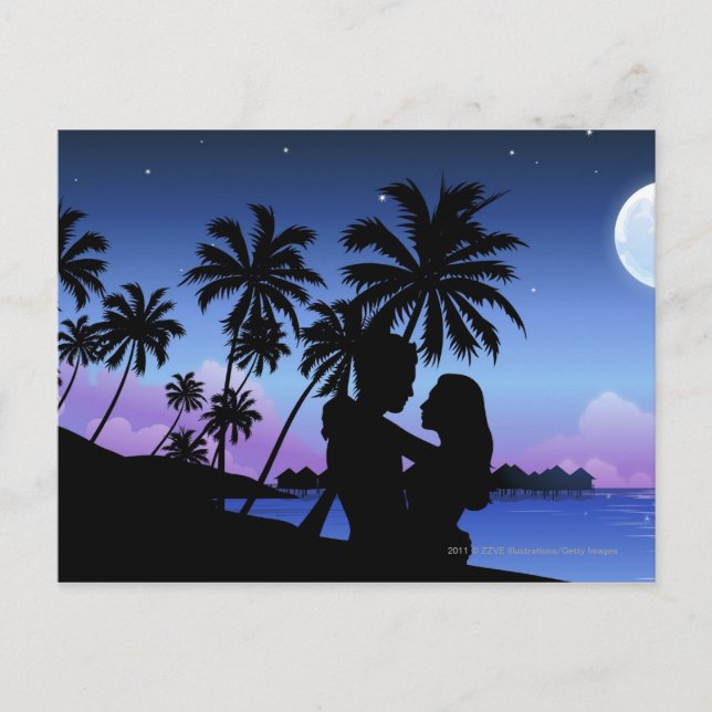 Carte Postale Silhouette d'un couple s'étreignant sur la plage (Devant)