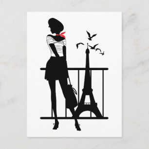 Carte Postale Silhouette noire rouge femme rétro avec Tour Eiffe