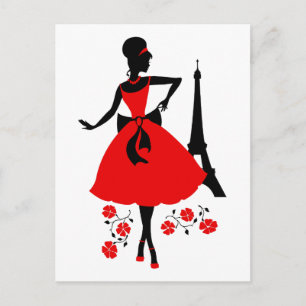 Carte Postale Silhouette noire rouge femme rétro avec Tour Eiffe