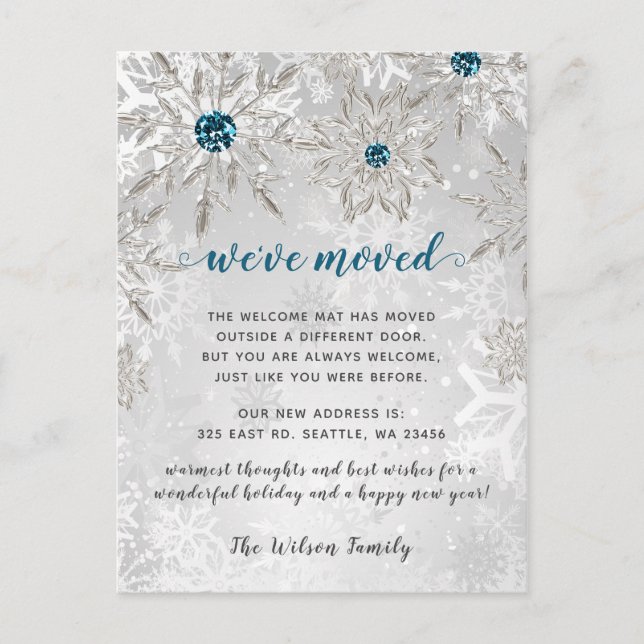 Carte Postale Silver Aqua Snowflakes Holiday Moving Faire-part (Devant)