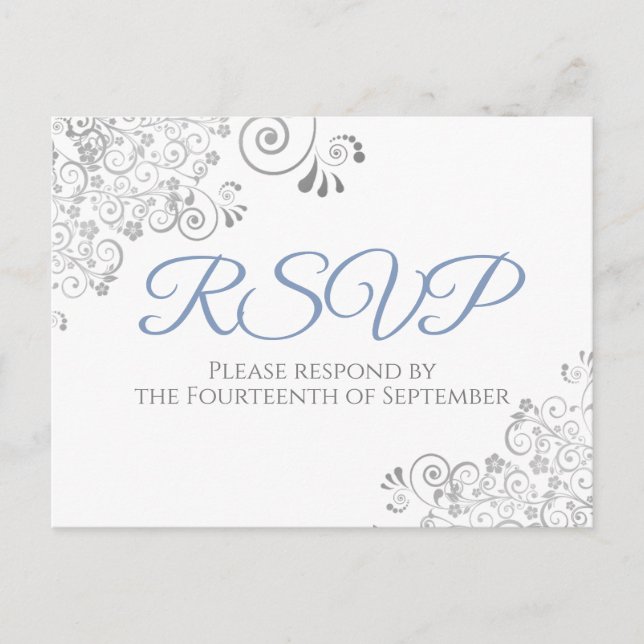 Carte Postale Silver Frills Simple Elegant Blue Wedding RSVP (Devant)