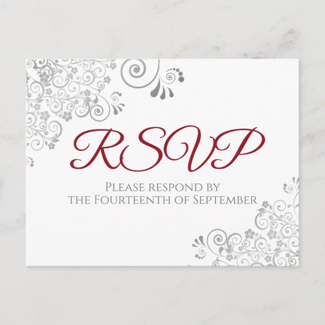 Carte Postale Silver Frills Simple Elegant Red Wedding RSVP (Devant)