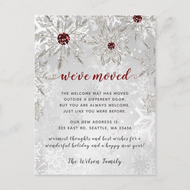 Carte Postale Silver Red Snowflakes Holiday Moving Faire-part (Devant)