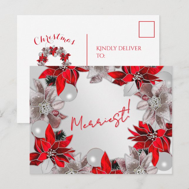 Carte postale Silver & Rouge Poinsettia (Devant / Derrière)