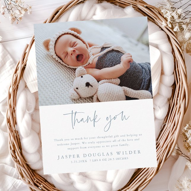 Carte Postale Simple Baby Photo Birth Stats Thank You Card (Minimal script baby photo thank you cards.)