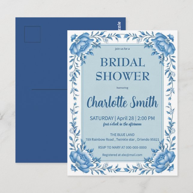 Carte Postale Simple Blue Chinoiserie fleur shower de mariage (Devant / Derrière)